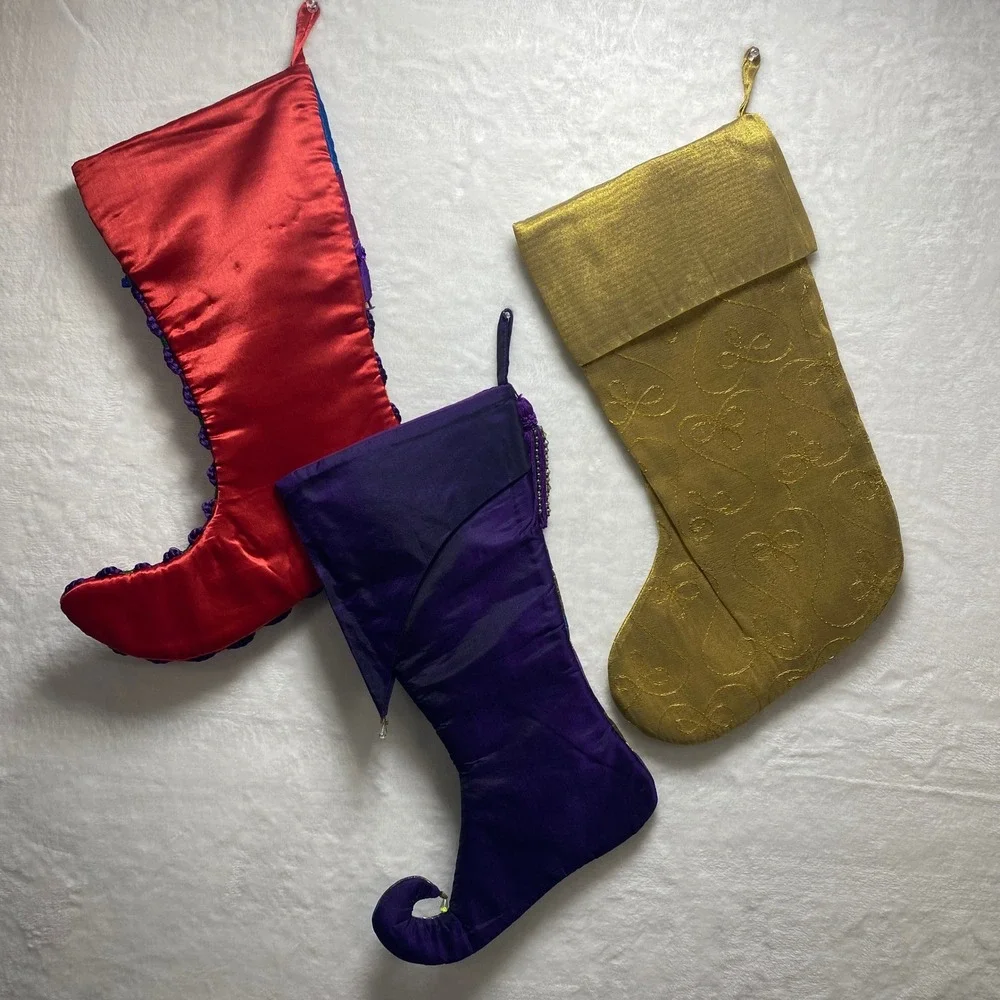 Set of 3 Unique Christmas Stockings Red Gold Purple Holiday Decor Holiday Mantle